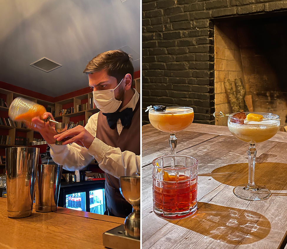 A collage featuring a bartender mixing drinks and three cocktails you can order at Rooms Hotel Kazbegi by photographer Kirsten Alana.