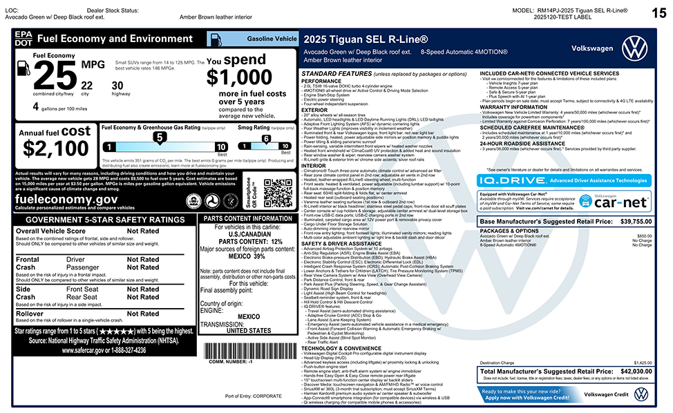 2025 VT Tiguan Monroney for the SEL R-Line 8-Speed Automatic with 4Motion
